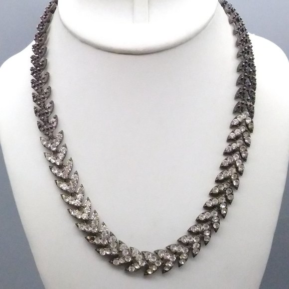 Vintage Iced Out Chevron Chain Necklace, Heavy Repeating Arrow Choker in Silver - Picture 2 of 3